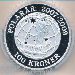 Дания 100 крон 2008 год - Международный полярный год. Сириус (Ag)