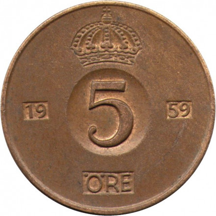Швеция 5 эре 1959 год - Король Густав VI Адольф