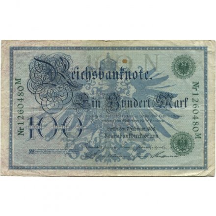 Германия 100 марок 1908 год (зеленая печать) - F