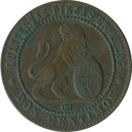 Испания 2 сентимо 1870 год