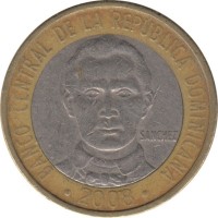 Доминиканская республика 5 песо 2008 год - Франсиско дель Росарио Санчес (не магнетик)
