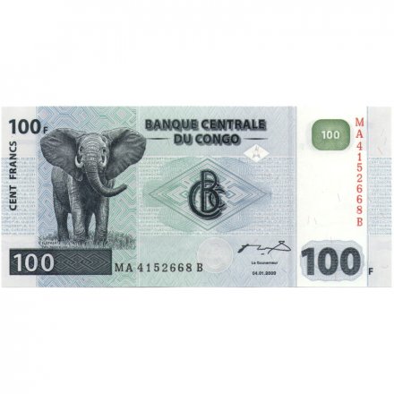 Конго 100 франков 2000 год - Саванный слон. Гидроэлектростанция Инга II UNC