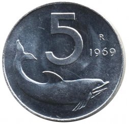 Италия 5 лир 1969 год - Дельфин. Судовой руль