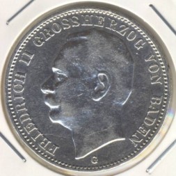 Монета Баден 3 марки 1909 год