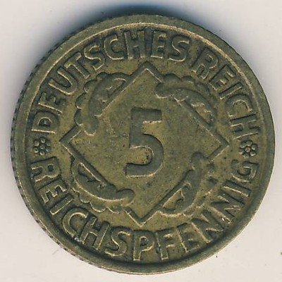 Веймарская республика 5 рейхспфеннигов 1925 год (F)