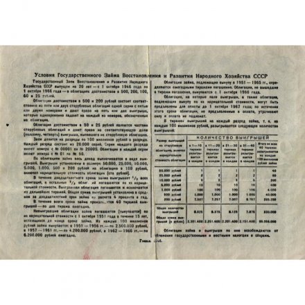 Облигация 25 рублей 1946 год. Государственный заем восстановления и развития народного хозяйства СССР - VF