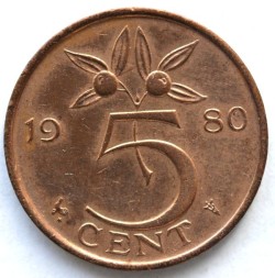 Монета Нидерланды 5 центов 1980 год - Королева Юлиана