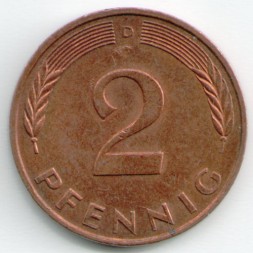 Монета Германия (ФРГ) 2 пфеннига 1991 год (D)