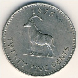 Монета Родезия 25 центов 1975 год - Саблерогая антилопа