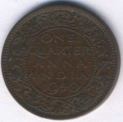 Монета Британская Индия 1/4 анны 1940 год
