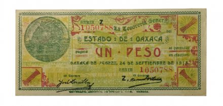 Мексика 1 песо 1915 год - Генеральный казначей штата Оахаса - серия Z - бумага без линий - ХF+