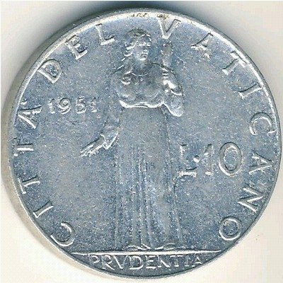 Ватикан 10 лир 1951 год - Папа Пий XII