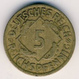 Веймарская республика 5 рейхспфеннигов 1925 год (G)