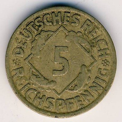 Веймарская республика 5 рейхспфеннигов 1925 год (G)