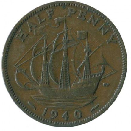 Великобритания 1/2 пенни 1940 год - Король Георг VI. Корабль «Золотая лань»