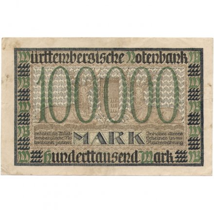 Германия (Вюртемберг) 100000 марок 1923 год - Notenbank (Штутгарт) - VF