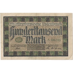 Германия (Вюртемберг) 100000 марок 1923 год - Notenbank (Штутгарт) - VF