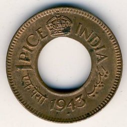 Британская Индия 1 пайса 1943 год