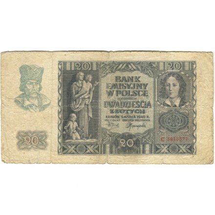 Польша (оккупация Германией) 20 злотых 1940 год - Графиня Эмилия Плятер. Замок Вавель - VG
