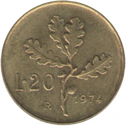 Италия 20 лир 1974 год