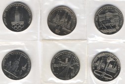 Набор из 6 монет СССР 1 рубль 1980 год - Олимпиада (в запайке, UNC)
