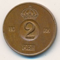 Швеция 2 эре 1960 год - Король Густав VI Адольф