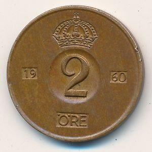 Швеция 2 эре 1960 год - Король Густав VI Адольф