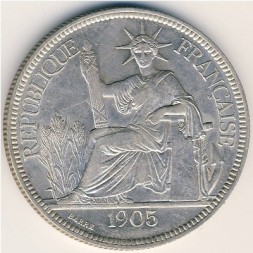 Монета Французский Индокитай 1 пиастр 1905 год