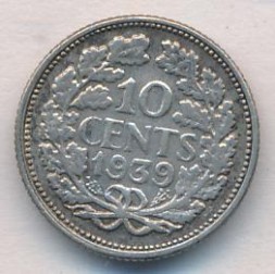 Монета Нидерланды 10 центов 1939 год - Королева Вильгельмина