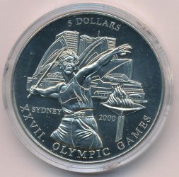 Либерия 5 долларов 2000 год - Олимпиада Сидней'00 (Большая)