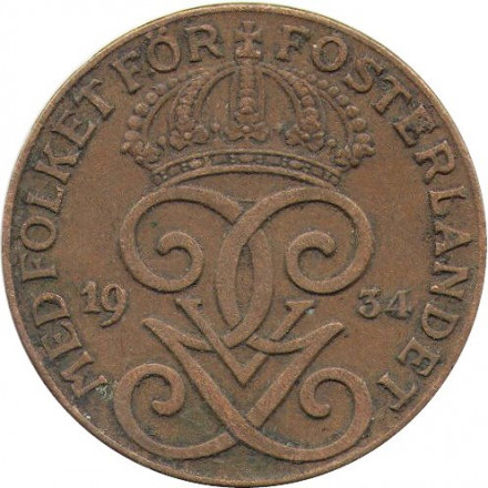 Швеция 2 эре 1934 год - Король Густав V 