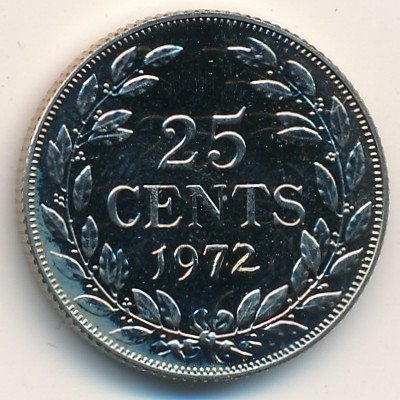 Либерия 25 центов 1972 год