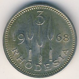 Монета Родезия 3 пенса-2 1/2 цента 1968 год