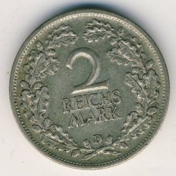 Веймарская республика 2 рейхсмарки 1926 год (D)