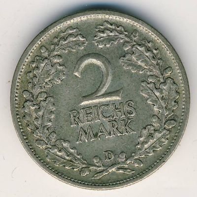 Веймарская республика 2 рейхсмарки 1926 год (D)