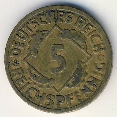 Веймарская республика 5 рейхспфеннигов 1925 год (J)