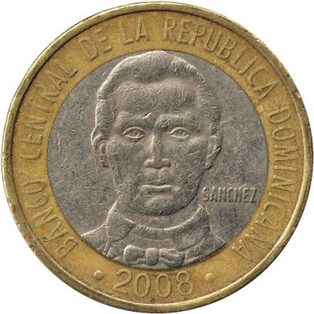 Доминиканская республика 5 песо 2008 год - Франсиско дель Росарио Санчес (не магнетик)