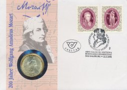 Австрия 25 шиллингов 1956 год - Вольфганг Амадей Моцарт (в конверте с маркой)