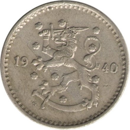 Финляндия 1 марка 1940 год (медно-никелевый сплав, серый цвет)
