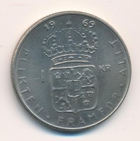 Монета Швеция 1 крона 1969 год - Король Густав VI Адольф