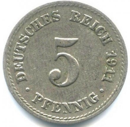 Германия 5 пфеннигов 1911 год (A)