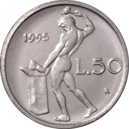 Италия 50 лир 1995 год (ромб над подписью гравера)