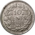 Нидерланды 10 центов 1941 год - Королева Вильгельмина (серебро)