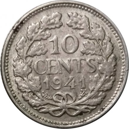 Нидерланды 10 центов 1941 год - Королева Вильгельмина (серебро)