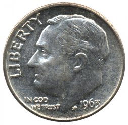США 1 дайм (10 центов) 1963 год - Франклин Рузвельт (без отметки МД)