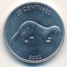 Монета Конго, Демократическая республика 25 сентим 2002 год - Животные. Конголезская безкоготная выдра
