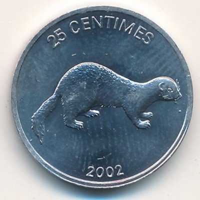 Конго 25 сентим 2002 год - Животные. Конголезская безкоготная выдра