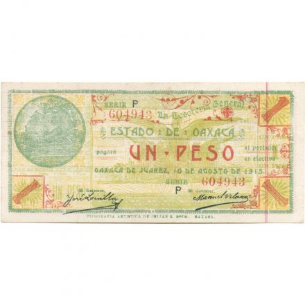 Мексика 1 песо 1915 год - Генеральный казначей штата Оахаса - серия Р - бумага с горизонтальными линиями - XF+