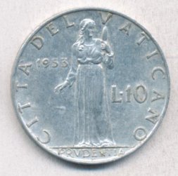 Ватикан 10 лир 1953 год - Папа Пий XII