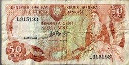 Кипр 50 центов 1988 год - Женщина киприотка. Дамба Гермасойя - F-VF
